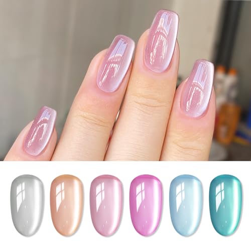Moonlight Cat Eye Gel Nail Polish, 6 Colors Magnetic Nail Polish Gel Glass Ceramic Cateye Effects with Magnetic Stick High Glossy Shine Effect Nail Art Manicure Home DIY for Women Girl