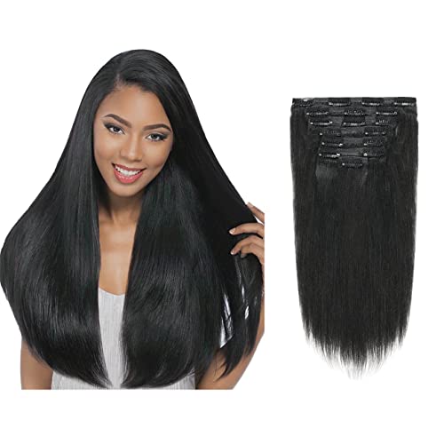 Lacer Thick Yaki Straight Clip in Real Human Hair Extensions, Light Yaki Straight Clip ins, Jet Black Color For Black Women Relaxd Hair 120G 7Pieces 22 inch