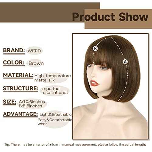 WERD Short Brown Bob Wig with Bangs,10 inch Brown Straight Bob Wig for Women Heat Resistant Fiber for Cospaly Velma