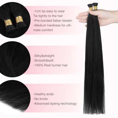 GOO GOO I Tip Hair Extensions Real Human Hair, 24inch 50g 50S, Cold Fusion I Tip Hair Extensions, Invisible Remy Hair, 1 Jet black