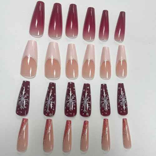 Christmas Press on Nails Long Coffin Red Fake Nails Pink Gradient with Snowflake French Tip Design Glue on Nails Acrylic Glitter Glossy Full Cover Stick on False Nails for Women Manicure 24pcs