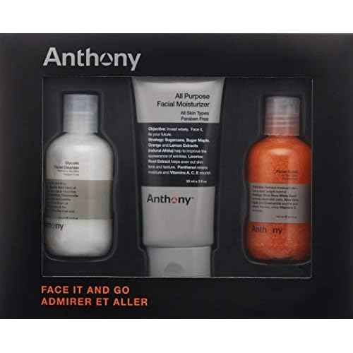 Anthony Face It & Go Kit, Set Includes Glycolic Facial Cleanser 3.4 Fl Oz. All Purpose Facial Moisturizer 3 Fl Oz. Facial Scrub 3.4 Fl Oz.