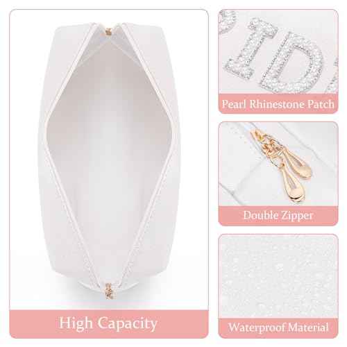Etercycle Bride Letter Makeup Bag, Bride To Be Gifts Bling Pearl Rhinestone Patch Cosmetic Bag, Waterproof PU Travel Toiletry Bag for Bachelorette Party Women Wedding Bridal (Silver)