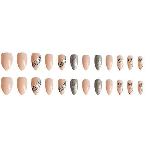 Christmas Press on Nails Medium Fake Nails Almond Acrylic Glue on Nails Snowflake Glossy False Nails Artificial Stick on Nails for Women 24Pcs