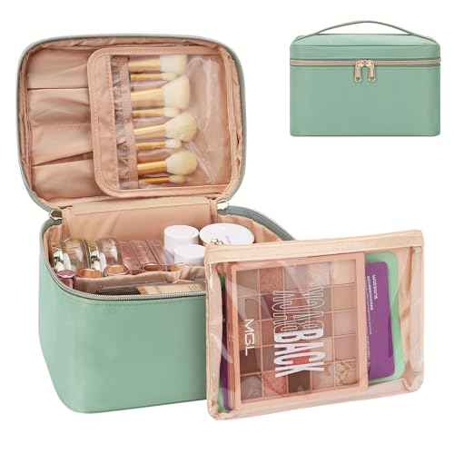 MONSTINA Makeup Bag with Detachable Small Gadget Bag,Large Capacity Portable Cosmetic Organizer,Waterproof Travel Toiletry Bag with Divider for Lipstick,Gifts for Girls and Women,Green Large