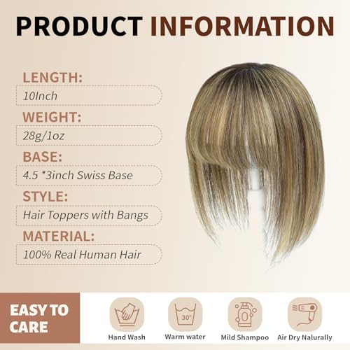 Hair Toppers for Women Real Human Hair, 10 Inch 360¡Æ Cover Hair Toppers for Women with 3.5x4 inch Hand-woven Swiss Base (Medium Brown Mix Blonde with Dark Brown Root)