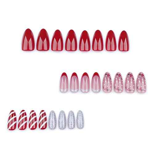 Christmas Press on Nails Almond Medium Fake Nails Red French False Nails with Silver Glitter Design Glue on Nails Xmas Candy Full Cover Stick on Nails Glossy Acrylic Nails for Women Manicure 24Pcs