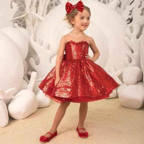 KISZU Large 5 Inch Glitter Hair Bows Clips, Sparkling Sequin Big Bow HairPins for Baby Girls Children Teens and Women (Red)