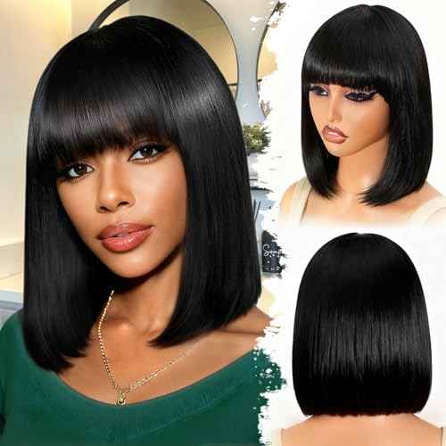 Bob Human Hair Wig with Bangs Silky Straight Glueless Wigs Human Hair 150% Density Black Bob Wig with Bangs None Lace Machine Made Wigs for Black Women 14Inch
