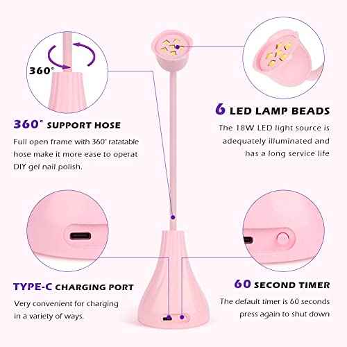 UV LED Nail Lamp, Portable Mini Nail Dryer, 360¡Æ Rotatable Hands Free Quick Gel Nail Light, Nail Polish Curing Lamp Flash Cure Light for Nails Great for DIY Home & Salon Manicure (Pink)