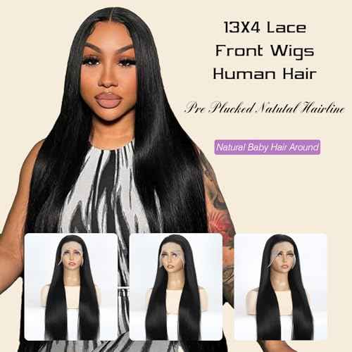 Beauty Queen 13x4 Lace Front Wigs Human Hair Straight 16 Inch Human Hair Wig Pre Plucked 220 Density HD Lace Frontal 16A Real Remy Human Short Hair Glueless Wigs for Women Natural Black Color