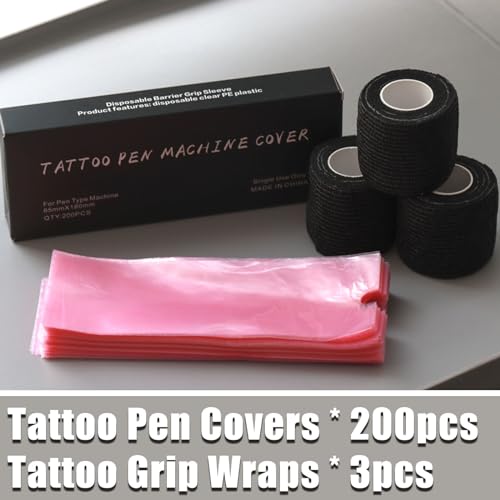 Large Pen Bags with Grip Tape Wraps - NAQASE 200pcs Pink Large Machine Pen Covers Pen Sleeves Covers Wrap and 3pcs Bandages Elastic Grip Tape Wraps