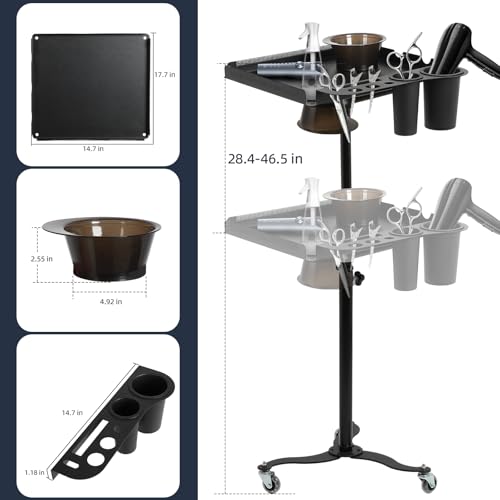 Salon Tray Cart with 2 Magnetic Bowls, Rolling Height Adjustable Salon Tray on Wheels, Hair Extension Tool Tray, Tattoo Tray with Stand and Hair Separator Holder for Hair Salon Tattoos