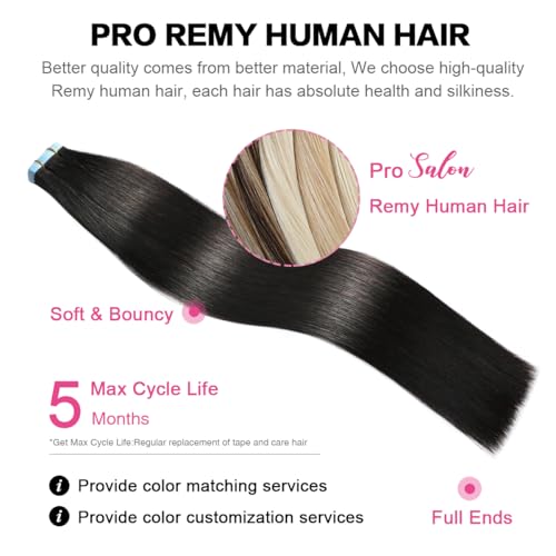 SUYYA Tape in Hair Extensions Human Hair 100% Remy Human Hair Natural Black 50g/pack 20pcs Straight Seamless Skin Weft Tape Hair Extensions(22 inches #1B Off Black)