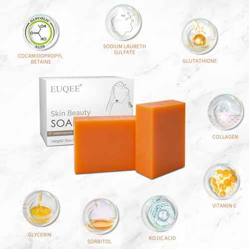 EUQEE Glutathione Kojic Acid Soap, 5 oz Glutathione Soap Bars with Glutathione, Vitamin C, Collagen for Rejuvenating Skin, Reduces the Appearance of Dark Spots Fine Lines with a Foaming Net- 2 x 142g