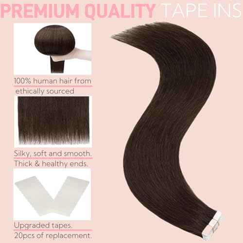 Tape in Hair Extensions Real Human Hair Double Stitched Invisible Seamless 20pcs 50g (Dark Brown to Black, 22 inch)