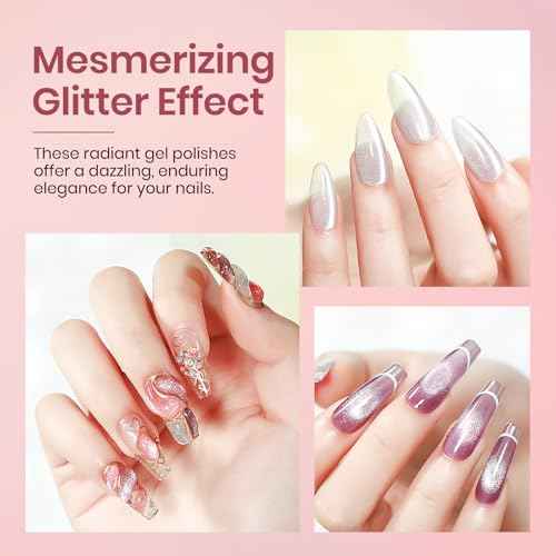 MIZHSE Glitter Cat Eye Gel Nail Polish Set - 6 Colors Holographic Pink Puprle Red Cateye Gel Polish with Magnet Soak Off U V LED Magnetic Gel Polish for DIY Salon Nail Art Home Manicure