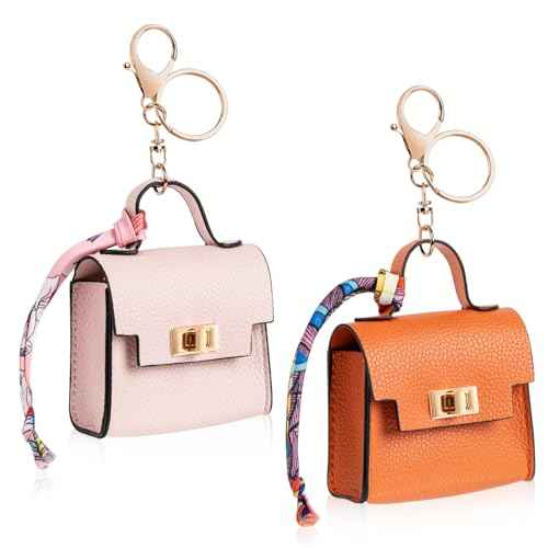 2 PACK Mini Backpack Keychain, Cute Cosmetic Bag for Purse with Wrist Strap, PU Leather Makeup Bag Headphone Pouch for Girls Women, Birthday/Party/Christmas Gifts (Ladder)