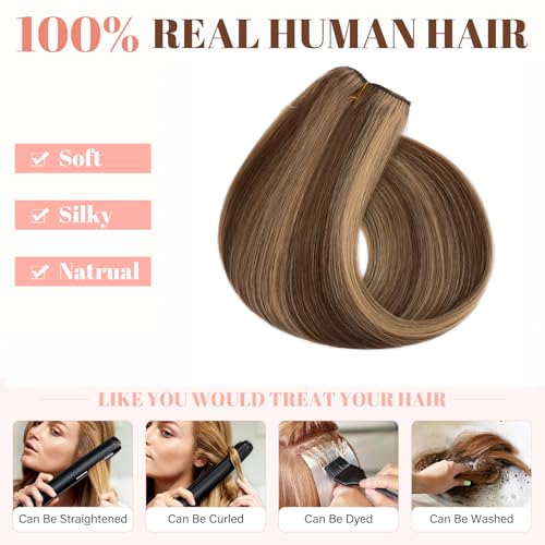 Rich Choices Halo Hair Extensions Real Human Hair Remy Hairs Halo Extension for Women Invisible Wire One Piece Clip in Hairpiece 18 Inch Straight-#4P27 Medium Brown Highlight Dark Blonde