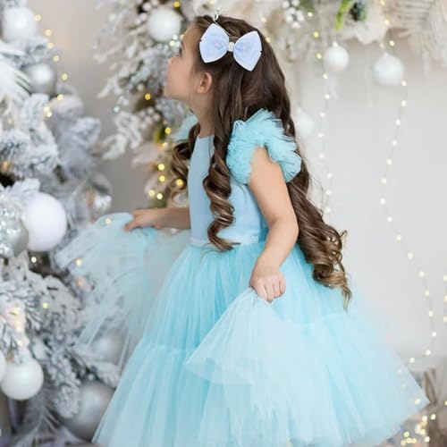 KISZU 4.5 Inch Flower Hair Bow Clips, Organza Bows with Pearls Big Hair Accessories for Baby Girls Kids Children Teens and Women (Blue)