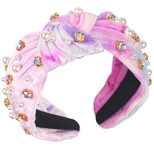 Crystal Rhinestone Headbands for Women Tie Dye Headwear Pearl Knotted Headband Diamond Velvet Purple Fabric Broad Cute Top Knot Headband Gift for Women Party Supplies 1PCS