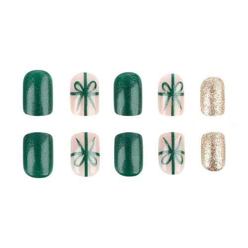 BFY Christmas Press on Nails Short Square Fake Nails, Green Xmas Gift Box Gold Glitter Acrylic Nails Kits, Glossy False Nails Gel Glue on Nails for Women Winter New Year Nail Art Manicure 24 Pcs