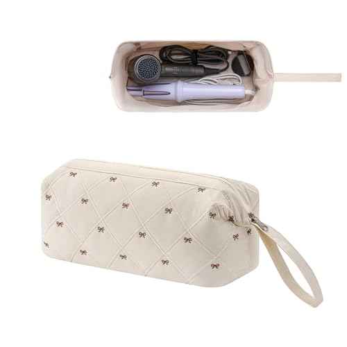 Large Quilted Hair Tools Travel Bag with Bow Pattern,Waterproof Hair Styling Accessories Storage Case for Shark FlexStyle, Dyson Airwrap Hair Dryer, Curling Iron, Revlon Hair Tools(Beige)