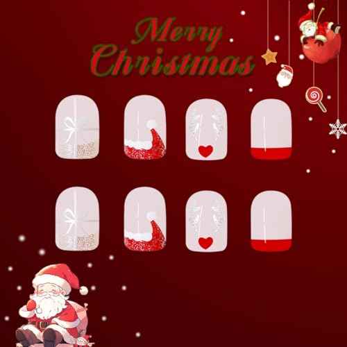 Christmas Press on Nails Short Square Fake Nails with Elk Design Santa Hat Glue on Nails Red French tips Stick on Nails Glossy Reusable Silver Gifts False Nails for Women Girls Holiday Manicure 24pcs
