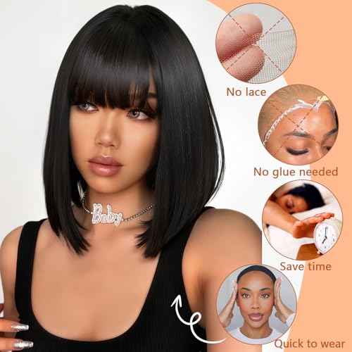 Black Bob Wigs Human Hair Short Wig with Bangs Straight Wigs Human Hair Glueless Wear and Go 150% Density Wigs for Women Daily Use 14 Inch