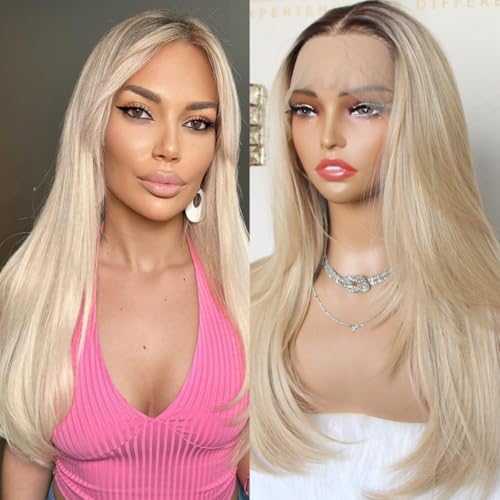 13x6 Wear and Go Ombre Blonde Wig Lace Front Wig with Brown Root Pre Plucked Glueless for Beginner Layered Straight Natural Looking Wig for Women 20 Inch