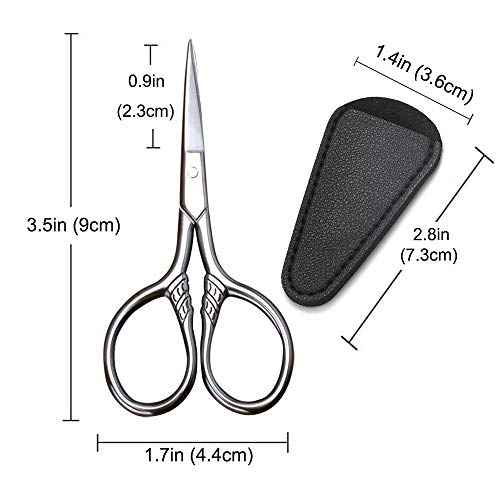 Small Precision Scissors, 3.5inch Stainless Steel Multi-Purpose Vintage Beauty Grooming Kit for Facial Hair, Eyebrow, Eyelash, Beard, Moustache with PU Sheath