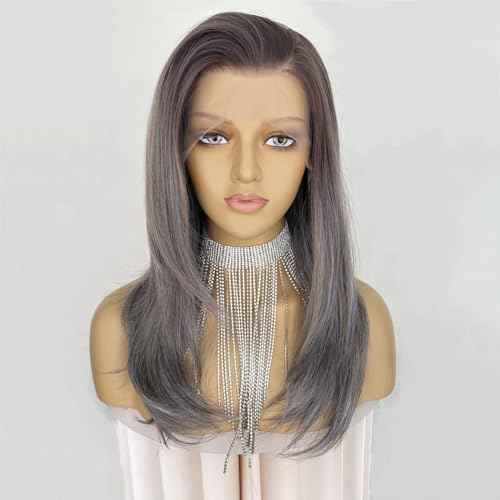 Ash Gray Brown Wig Highlight Dark Grey Color 13x4 Lace Front Wigs Layered Style Wavy Synthetic Fiber Hair 18Inch Pre Plucked for Women