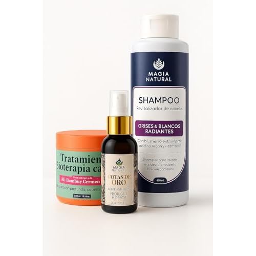 Kit Capilar Magia Natural 3 Piezas-magia natural shampoo canas Revitalizante para Cabello Canoso o Blanco, Tratamiento Bioterapia Capilar, Gotas Anti-Frizz con Aceite-Dorado Nutre, Repara y Da Brillo