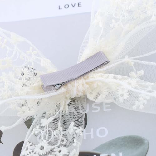 Vintage Large Lace Bow Hair Clip Barrette - White Silk Bow Lace Hair Accessories for Women