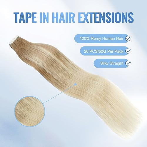Sixstarhair Blonde Balayage Tape In Hair Extensions Seamless Skin Weft Invisible Double Sided Tape Glue In Hair for Women,Brown Fading to Ash Blonde [Color B8-60#-20 inch]