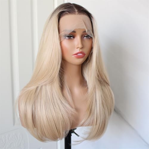 13x6 Wear and Go Ombre Blonde Wig Lace Front Wig with Brown Root Pre Plucked Glueless for Beginner Layered Straight Natural Looking Wig for Women 20 Inch