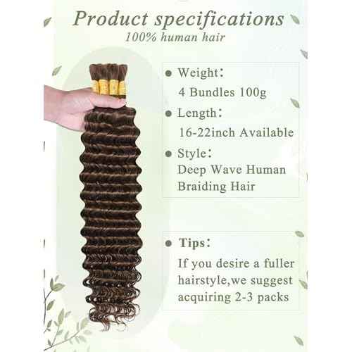Chocolate Brown Human Braiding Hair 18 Inch 100 g 4 Bundles Deep Wave Bulk Human Hair for Braiding 10A Curly Human Hair Extensions for Boho Braids Wet and Wavy Color 4