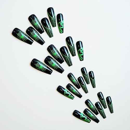 Halloween Press-on Coffin Nails 24 Pcs Black, Fluorescent Green Spider Web Nightmare Christmas ABS Material 12 Sizes Full Cover Glossy False Nails