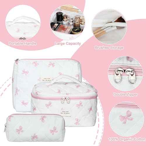 Quilted Makeup Bag Set - 3 PCS Cute Floral Cotton Makeup Bag, Large Coquette Aesthetic Make up Cosmetic Bag, Flower Travel Toiletry Organizer Bags for Women Girls
