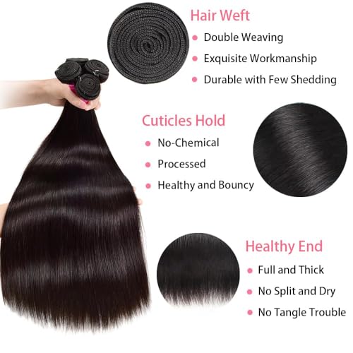 12A Straight Bundles Human Hair,Double Weft for Women 100% Unprocessed Brazilian Virgin Hair Extensions Natural Black 16 18 20 Inch 3 Bundles