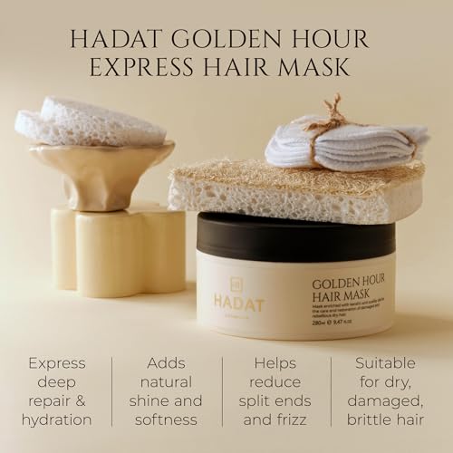 HADAT Golden Hour Express HAIR MASK ? Premium Professional Hair Treatment with Pearl Powder ? Hydration for Dry Damaged Hair ? Nourishing Oils ? Split Ends ? Salon Quality ? Made in Israel, 9.47 Fl Oz