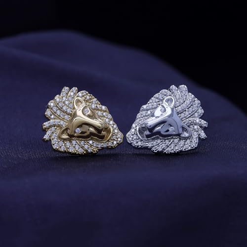 Lion Head Stud Earrings for Men in 14K Gold Plated 925 Sterling Silver with White Cubic Zirconia or Moissanite ? Animal Face Men¡¯s Jewelry Gift for Him, Push-Back