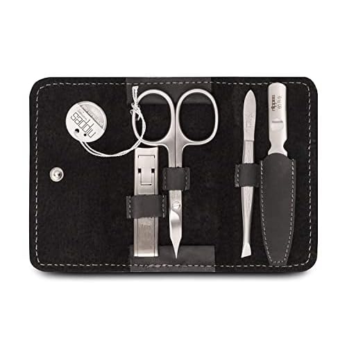 nippes Solingen Premium Line Tabard Manicure Set, 4 Pieces, Black, Stainless Steel, Nickel and Rustproof, Cowhide Nail Case, Nail Care Set, Made in Germany
