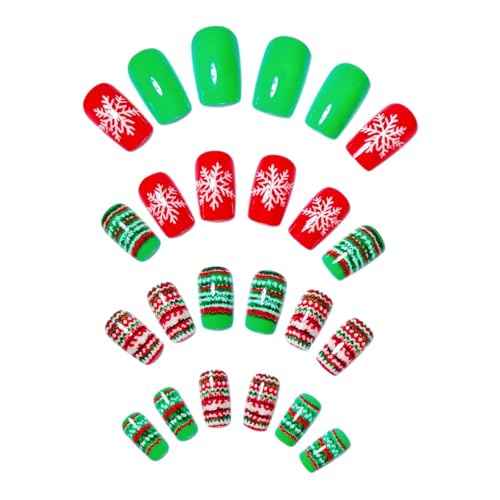 Christmas Acrylic Short Square Press on Nails with Snowflake Design - 24Pcs Full Cover Reusable Stick on Nails for Women Girls