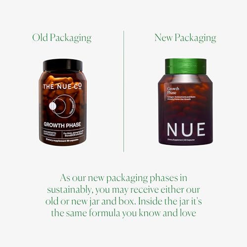 The Nue Co. Growth Phase Supplement, Supports Hair Growth, Reduces Breakage, Thicker & Fuller Hair, Contains Vitamins, Reishsi Mushrooms, Proteins & Adaptogens, Vegan, Gluten Free, 90 Capsules