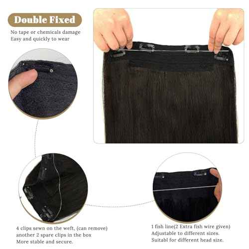 Munx Halos Wire Hair Extensions Real Human Hair Black Wire Extensions with Transparent Lines Natural Black Secret Halos Human Hair Extensions Invisible Black Hair Extensions for Women 80G 16""