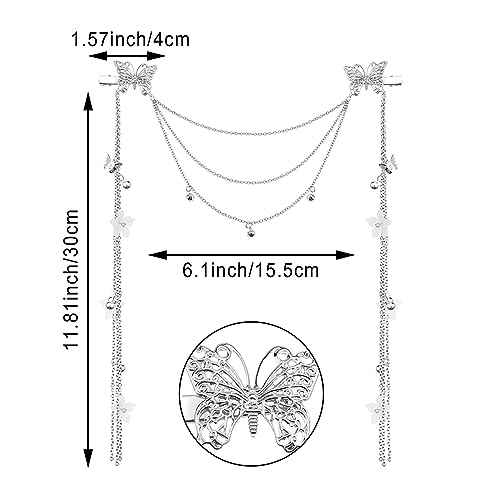 2 PACK Silver Wedding Butterfly Flower Headband Boho Head Chain Tassel Headband for Women Sparkly Rhinestone Fake Earrings Hair Accessories for Women and Girls