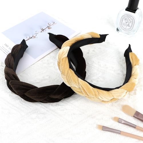 YISSION 2PCS Velvet Braided Headbands Non Slip Head Band Fashion Head Bands Padded Headband for Women Khaki Coffee Headband Hair Accessories for Women