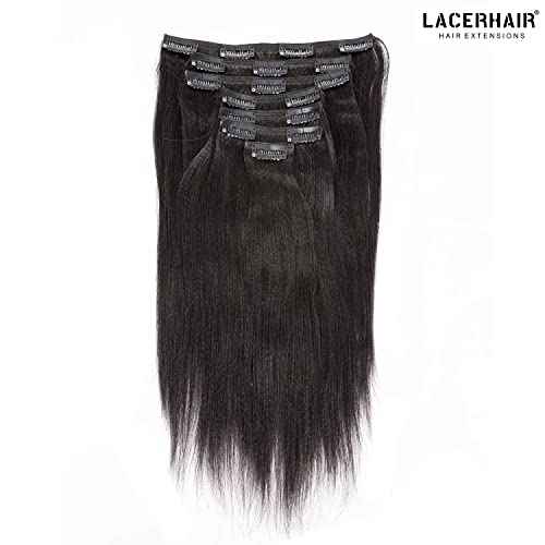 Lacer Light Yaki Straight Clip in Hair Extensions, Natural Black Color Remy Human Hair Clip in Extensions for Black Women Relaxed Hair 120G 7Pieces 12 inch