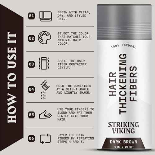 Striking Viking Hair Fibers - Dark Brown, 0.98 oz, Pack of 1 - Long-Lasting Hold & Hair Filler - Undetectable Coverage with Fiber Powder - Easy Application & Styling Powder